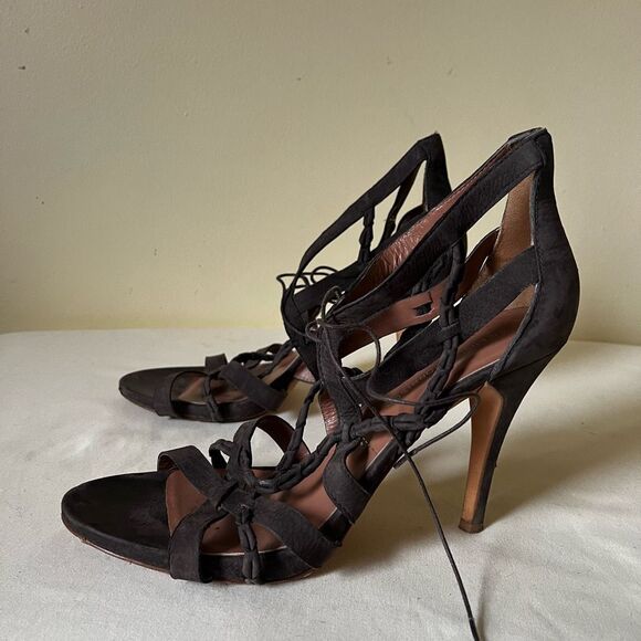 Sigerson‎ Morrison Strappy Lace Up Stiletto Heels Size 10 Dark Brown Suede - Picture 5 of 10